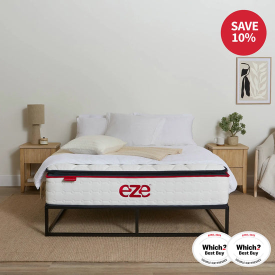 eze mattress in a bedroom setting with 'Save 10%' and 'Which? Best Buy' 