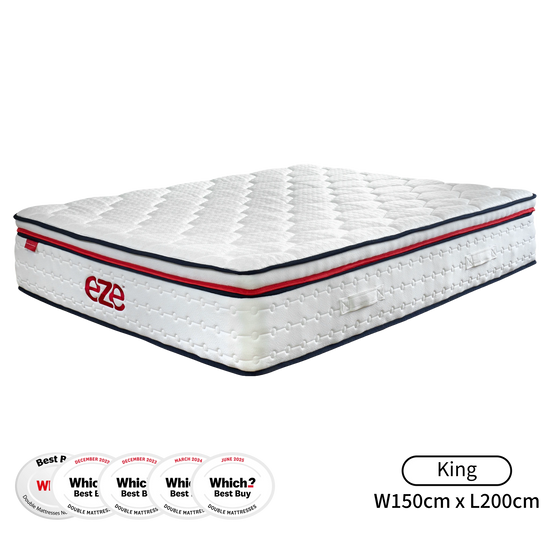 White mattress with red accents and 'Eze' branding on a white background