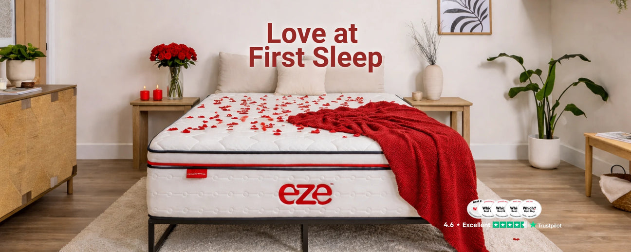 love at first sleep banner with eze hybrid max mattress in a styled room with valentines