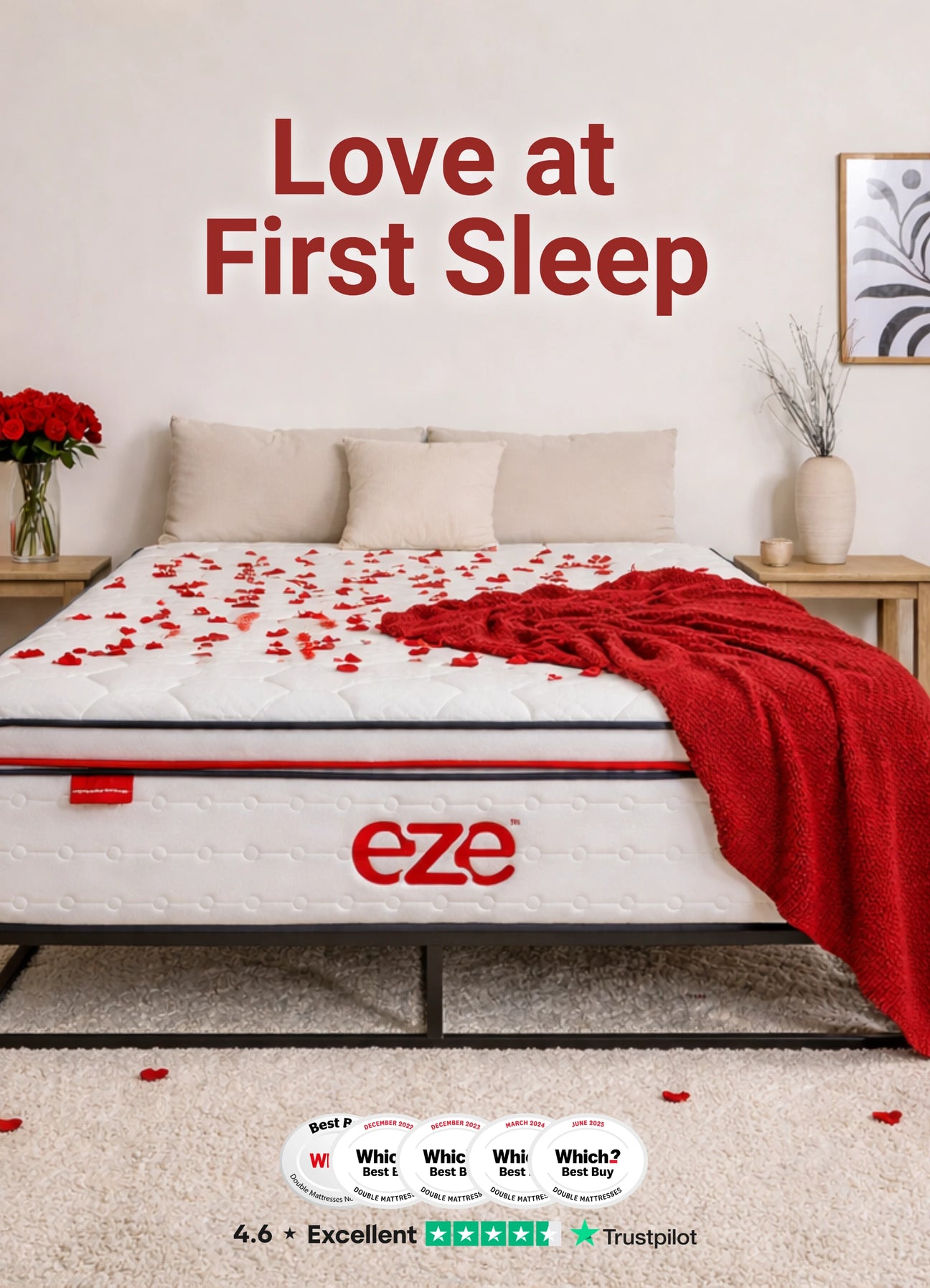 eze hybrid max mattress in a valentines setting with love at first sleep title