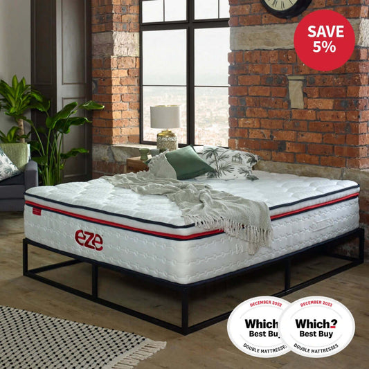EZE HYBRID MAX MATTRESS IN STYLED BEDROOM WITH EXPOSED BRICK WALL AND WOODEN FLOOR WITH 5% OFF OVERLAY 
