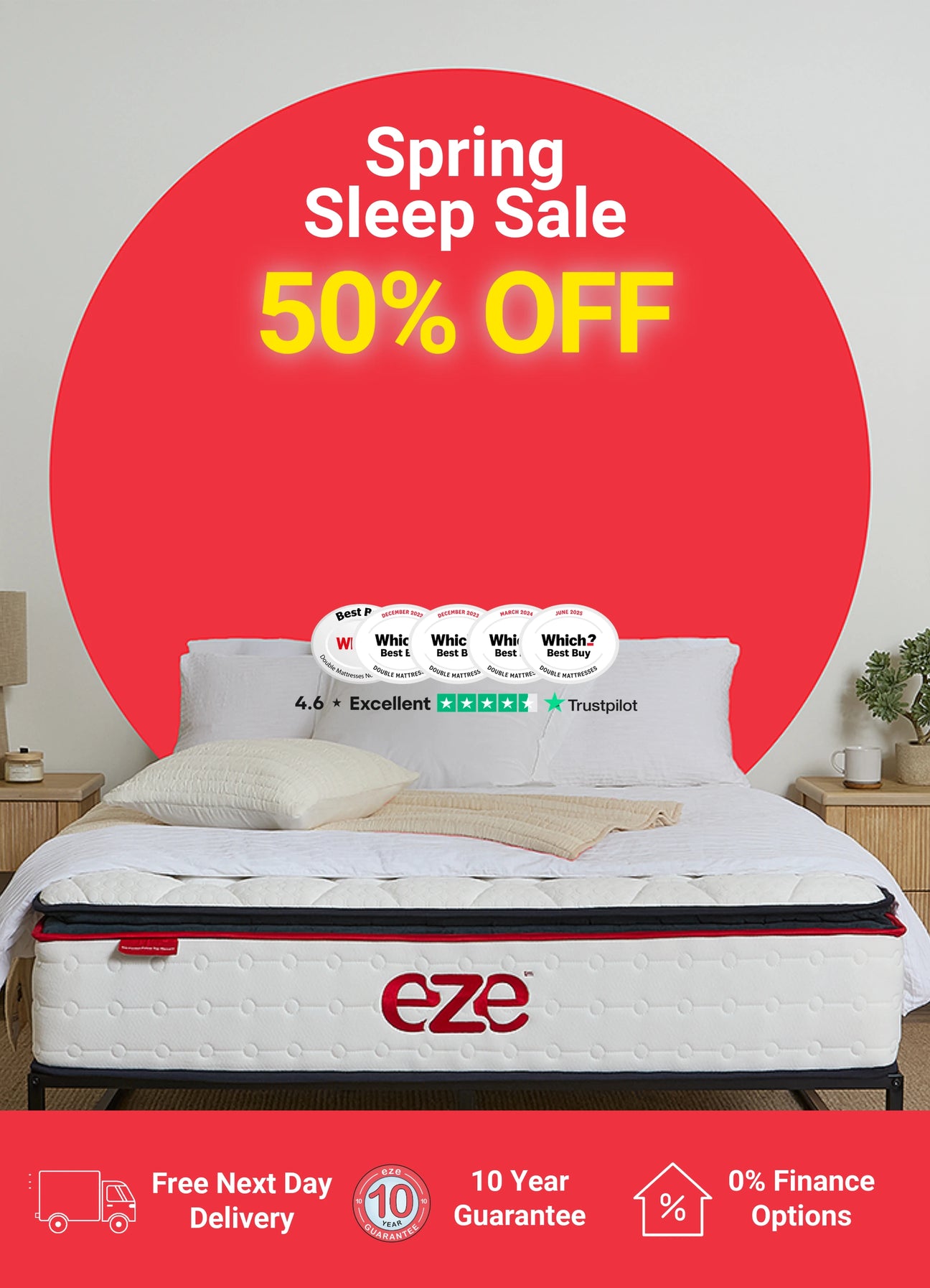 Eze mattress with promotional text for a spring sleep sale on a white background
