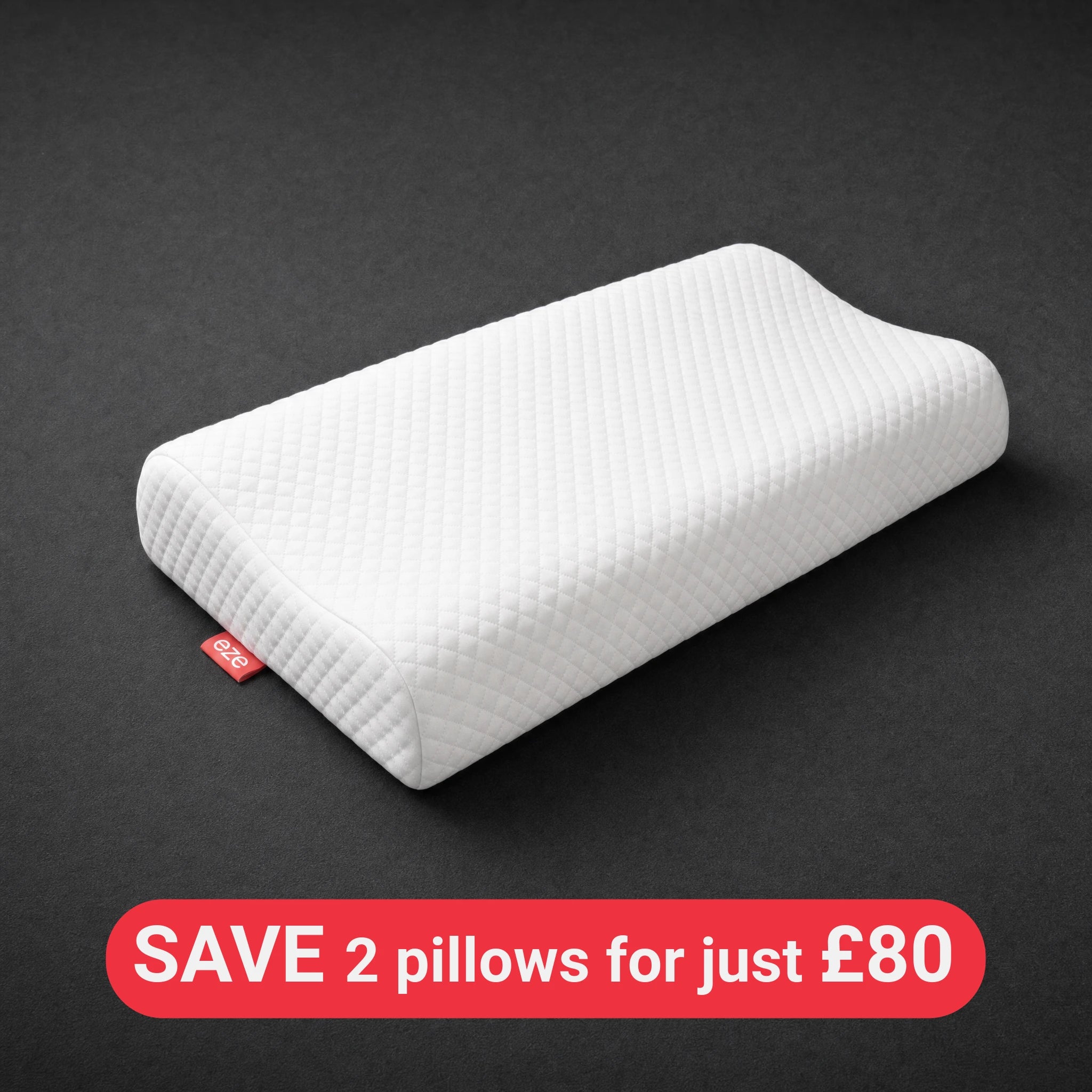 White eze comfort memory foam pillow with a red eze tag on a dark gray background
