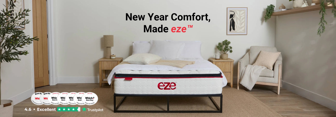 eze hybrid ultra mattress ina styled neutral bedroom with new year new comfort tagline