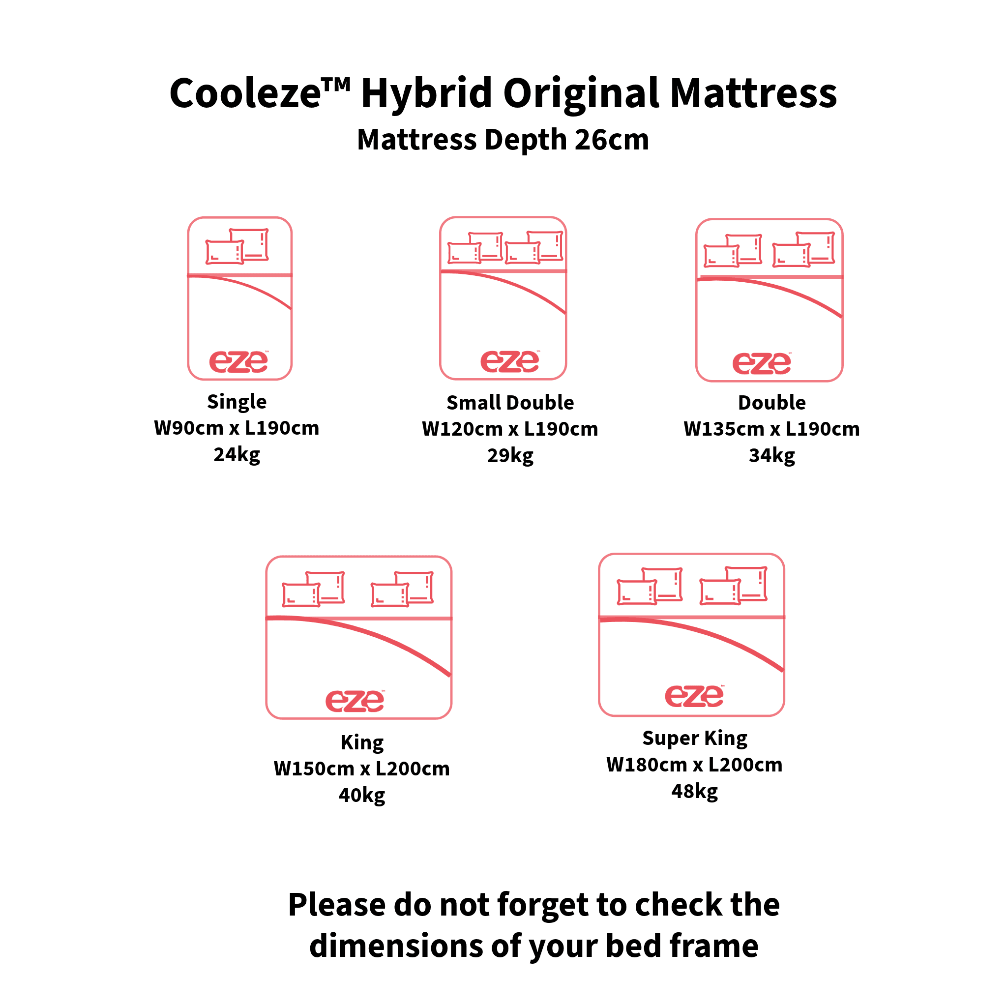 cooleze_hybrid_original_mattress_size_chart