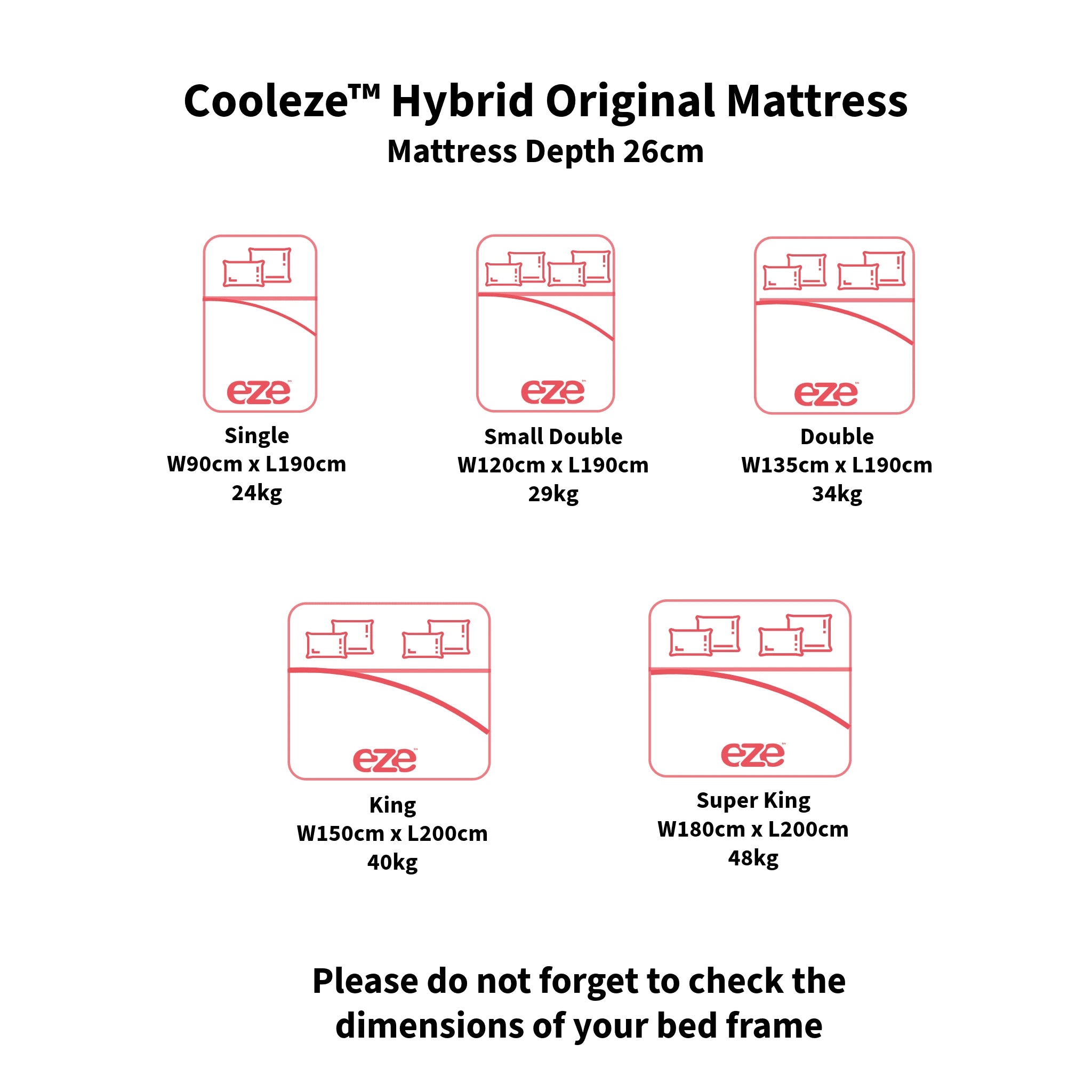A product information graphic for the Cooleze Hybrid Original Mattress showing mattress width and depth compatibility for different bed sizes. The graphic displays red mattress dimension diagrams with labels for Single, Small Double, Double, King, and Super King sizes, along with weights and dimensions, on a plain white background.