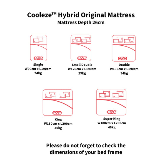 A product information graphic for the Cooleze Hybrid Original Mattress showing mattress width and depth compatibility for different bed sizes. The graphic displays red mattress dimension diagrams with labels for Single, Small Double, Double, King, and Super King sizes, along with weights and dimensions, on a plain white background.