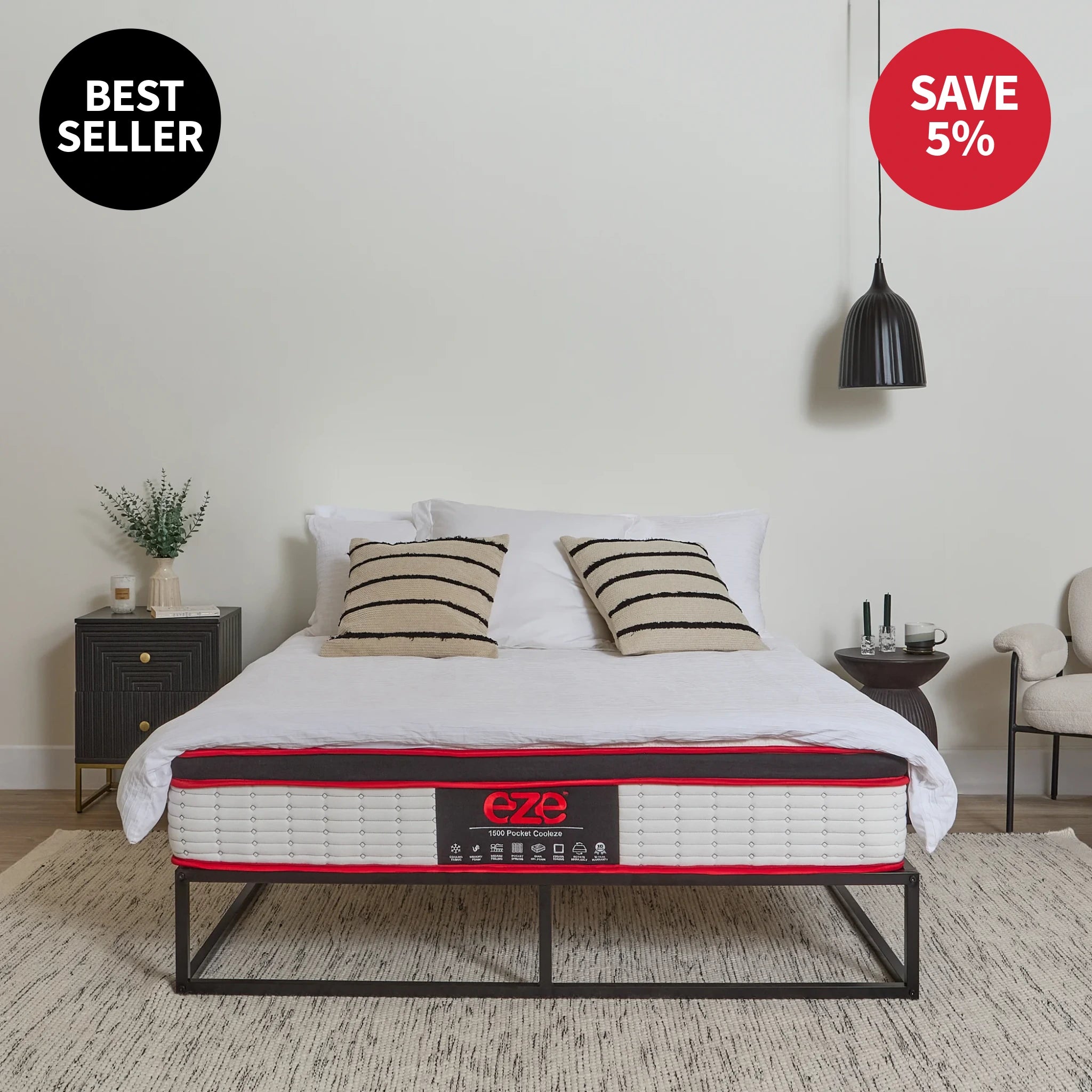 Eze mattress on a bed with 'Best Seller' and 'Save 15%' text in a bedroom setting.