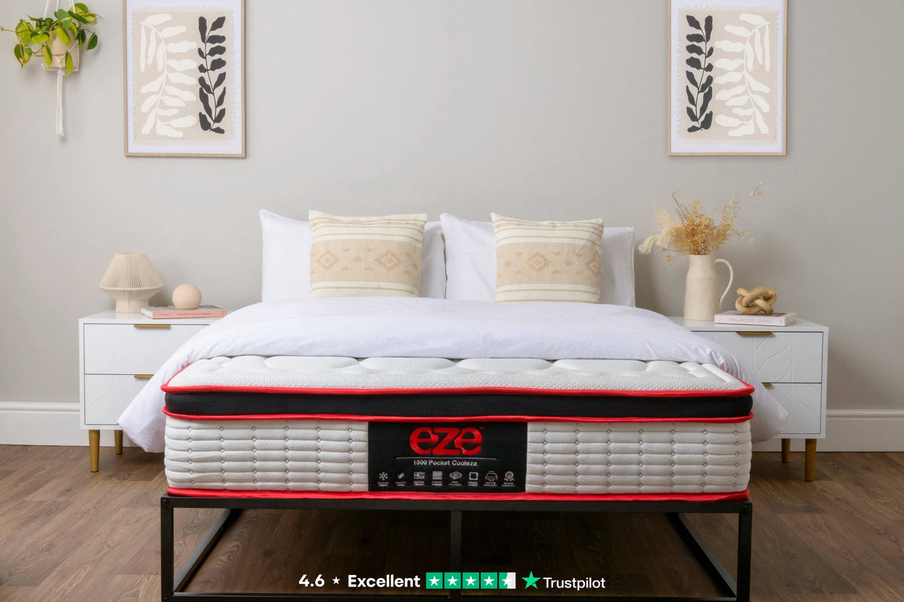 cooleze hybrid platinum mattress on black bed frame with bedside tables and trustpilot rated excellent overlay
