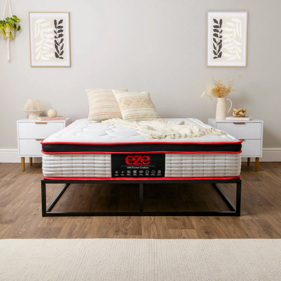 Cooleze™ Hybrid Platinum Mattress with 'eze' branding in a bedroom setting