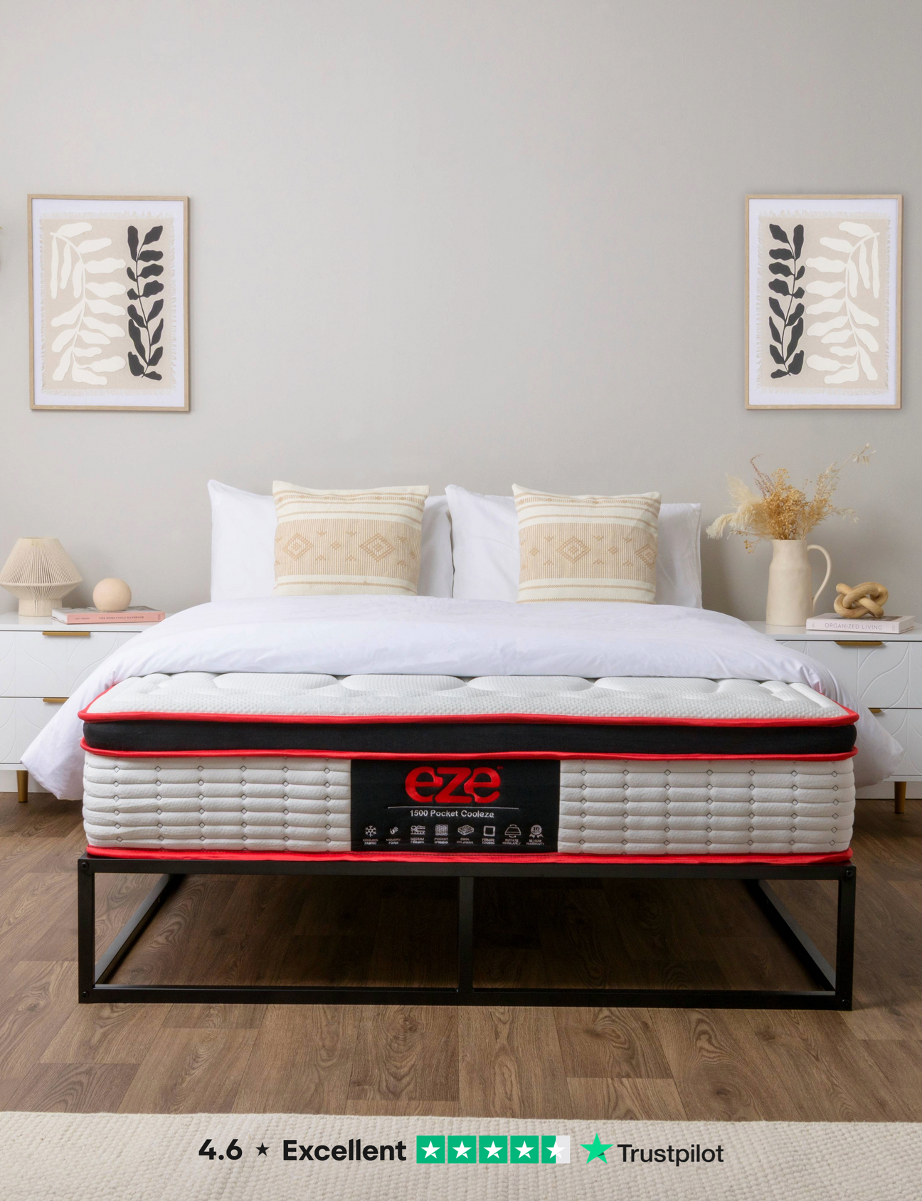 cooleze_hybrid_platinum_mattress_front_lifetsyle_image_mattress_on_black_metal_bedframe
