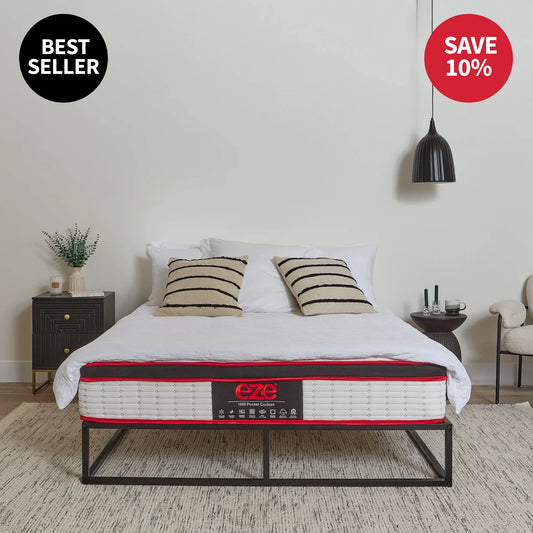 Bed with eze mattress in a room setting, featuring a 'Best Seller' label and 'Save 10%' offer.