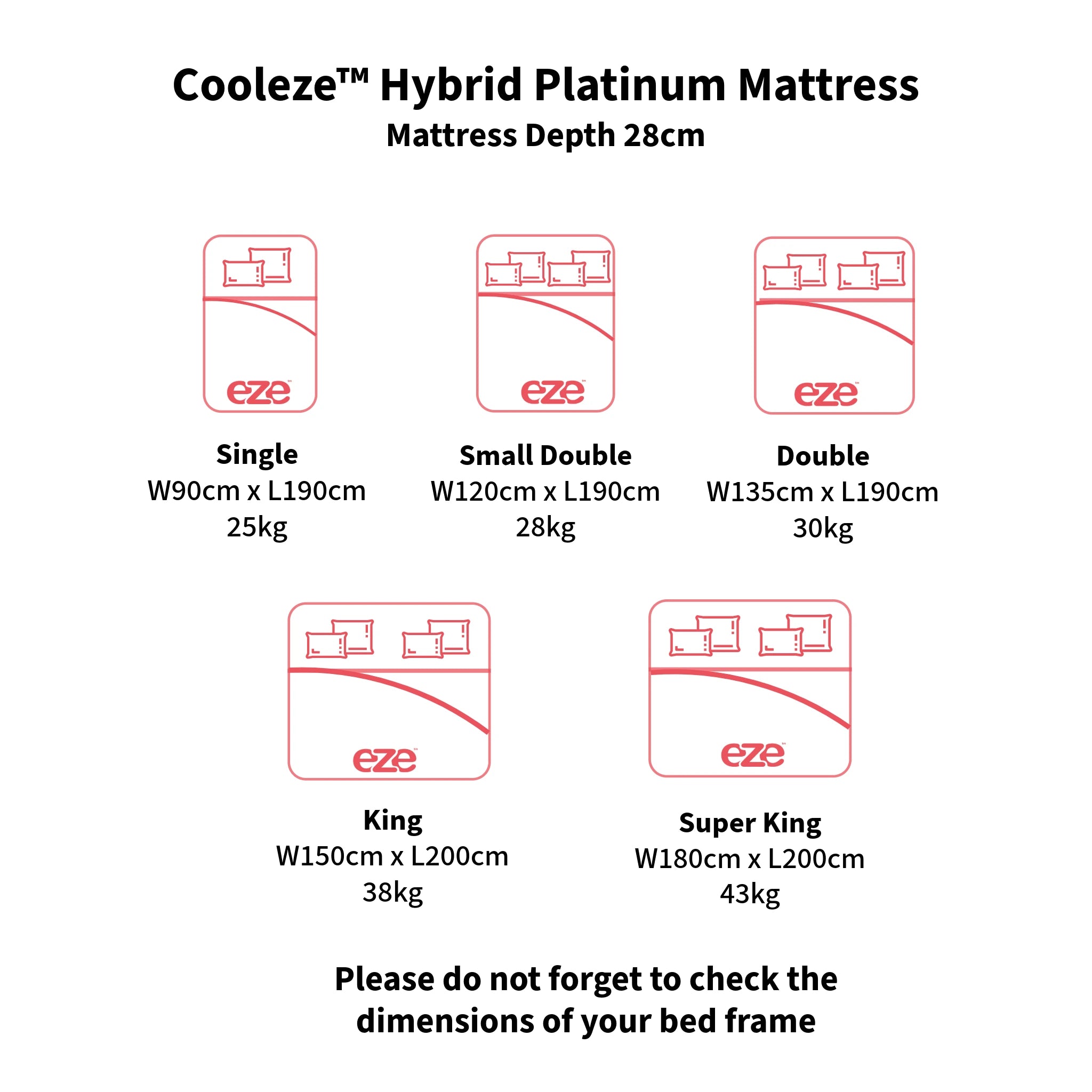 Cooleze Hybrid Platinum Mattress dimensions chart on a white background