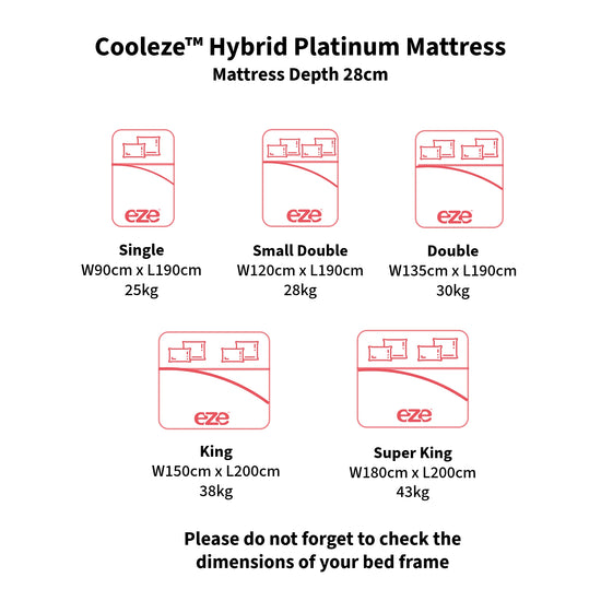 Cooleze Hybrid Platinum Mattress dimensions chart on a white background