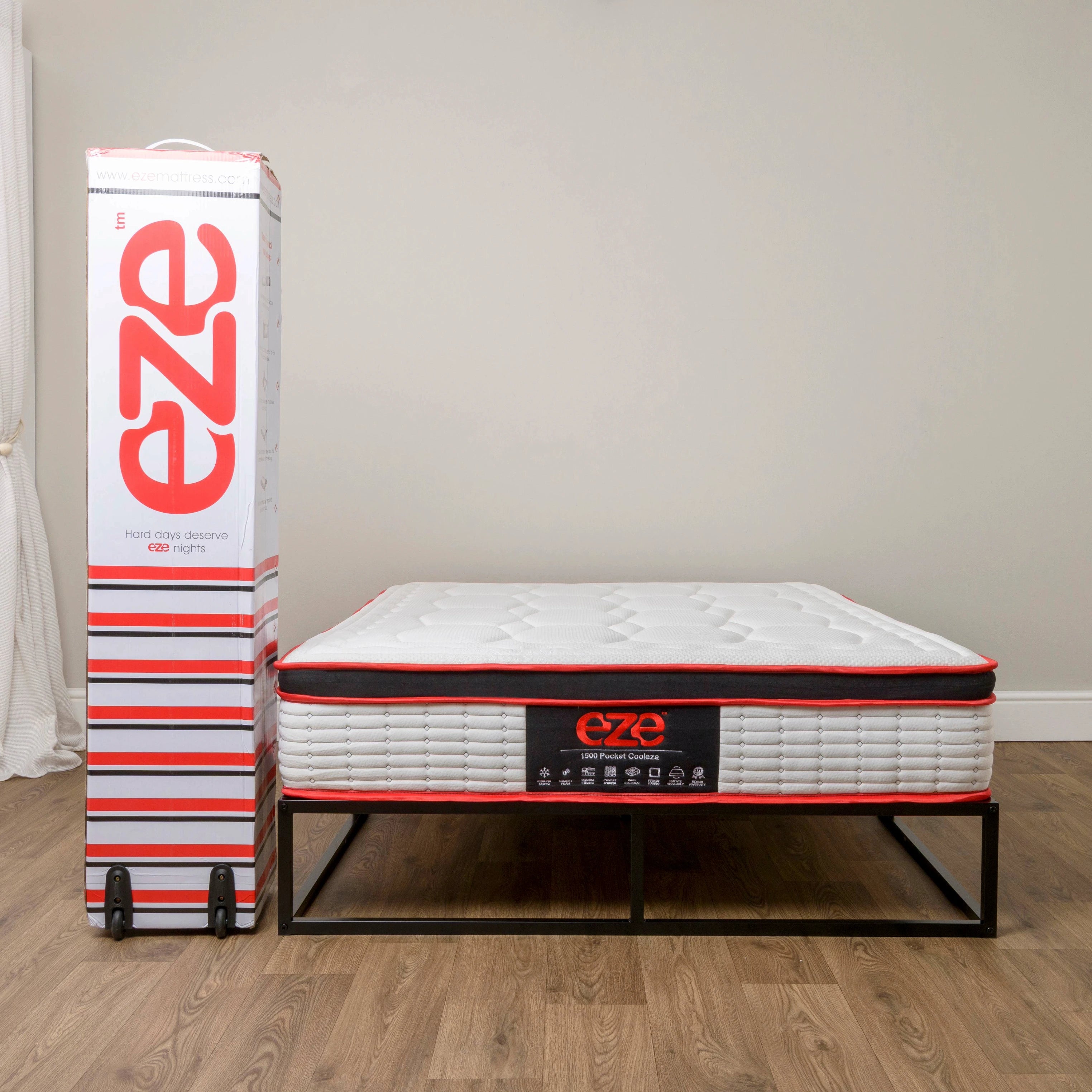 Eze mattress on a stand with packaging in the background