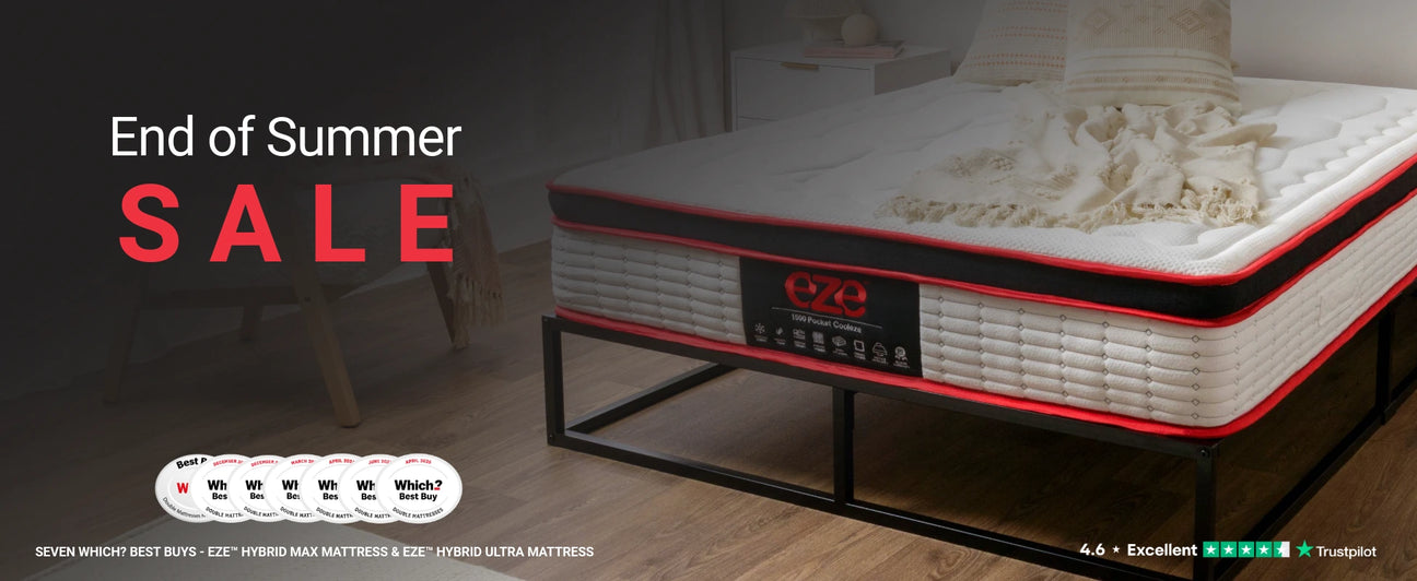 End of summer sale desktop banner with cooleze hybrid platinum mattress in background in a styled bedroom
