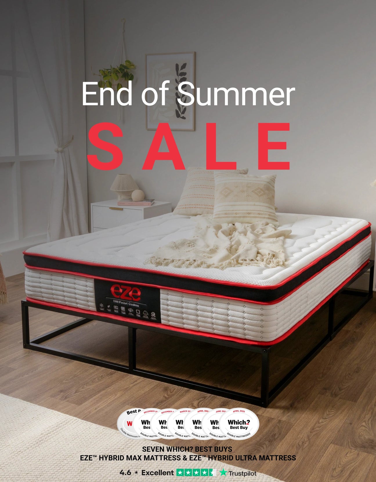 End of summer sale mobile banner with cooleze hybrid platinum mattress in background in a styled bedroom