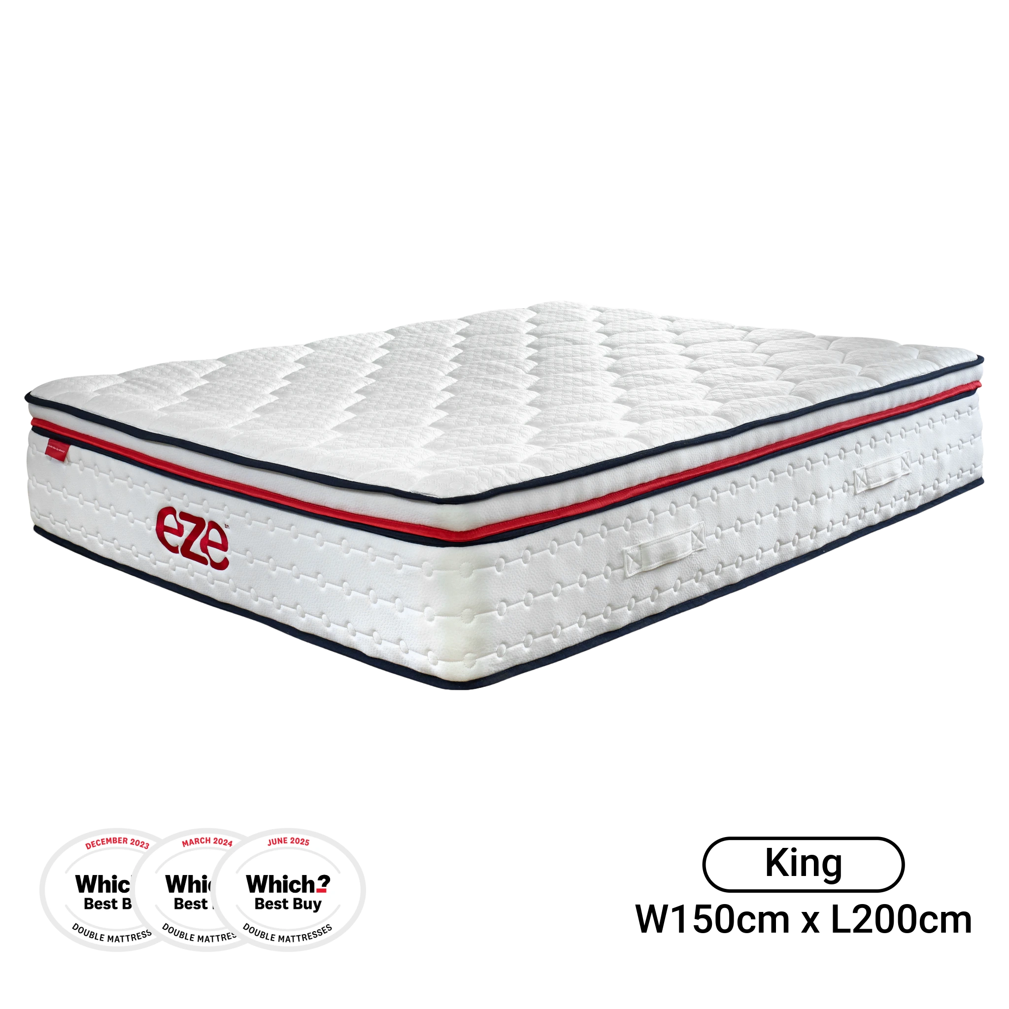 White mattress with red and blue accents on a white background, featuring the Eze brand.