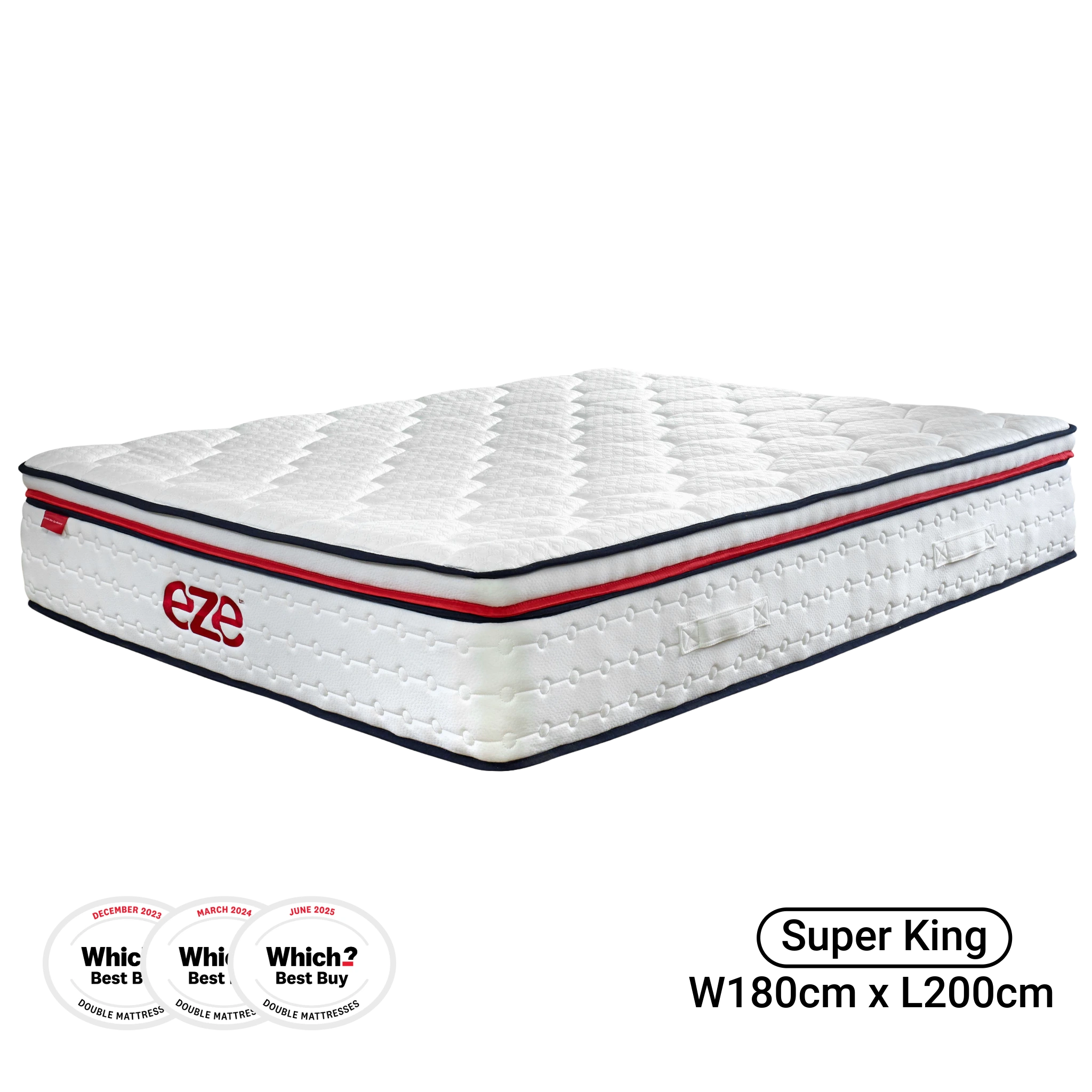 White mattress with red and blue accents on a white background, featuring the Eze brand.