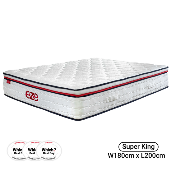 White mattress with red and blue accents on a white background, featuring the Eze brand.