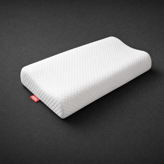 White eze comfort memory foam pillow with a red eze tag on a dark gray background
