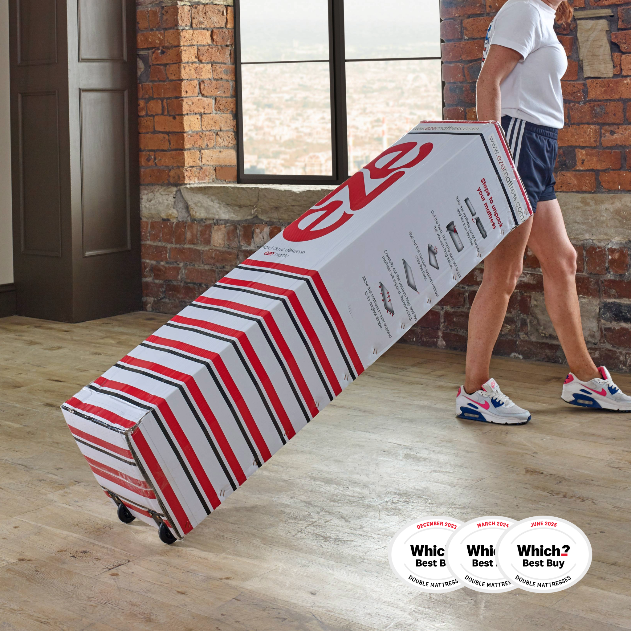 eze™ Hybrid Max Mattress - eze Mattress UK | Which Best Buy 2023 in a compact box with wheels, ideal for easy transport and setup in any room.