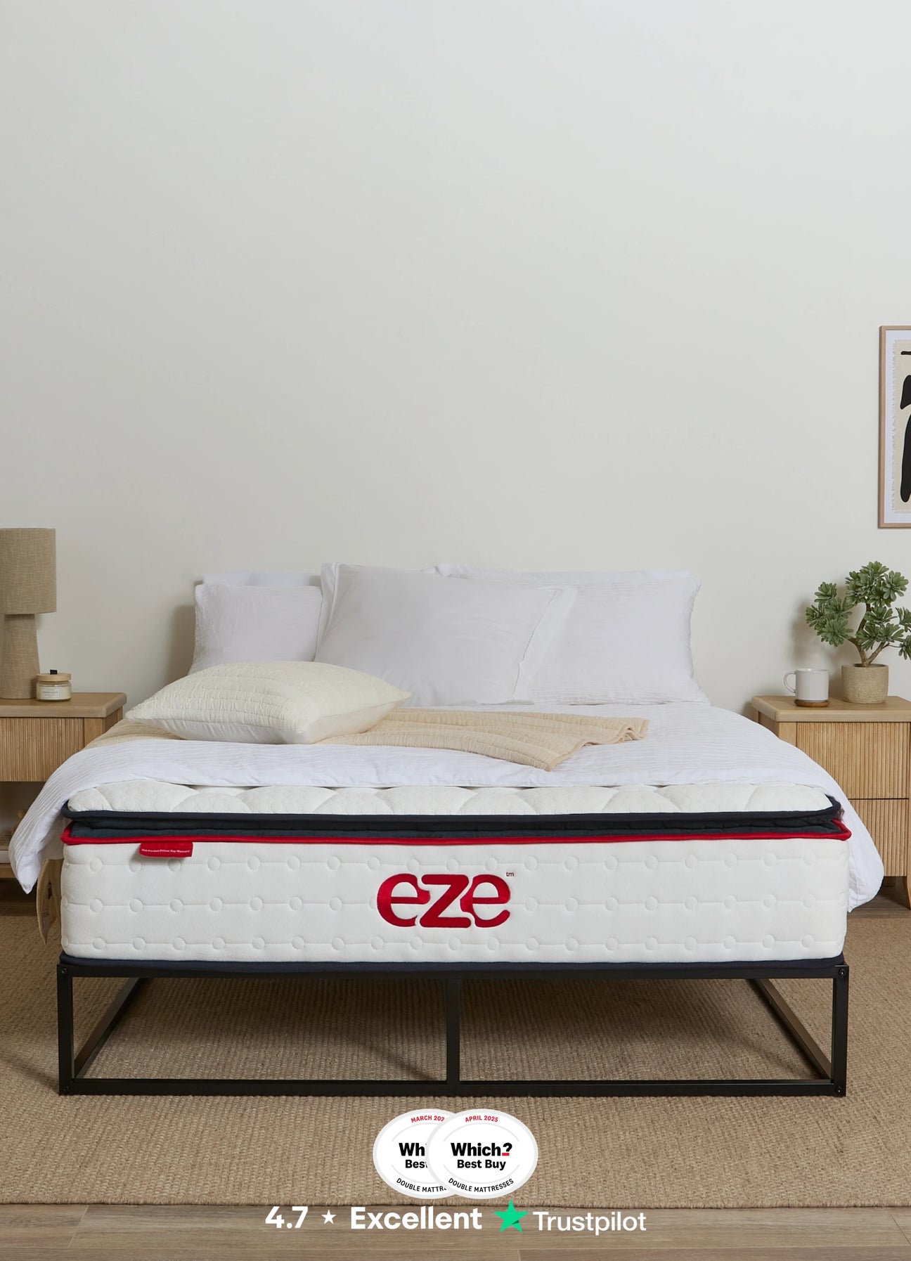 eze hybrid ultra mattress in a styled neutral bedroom