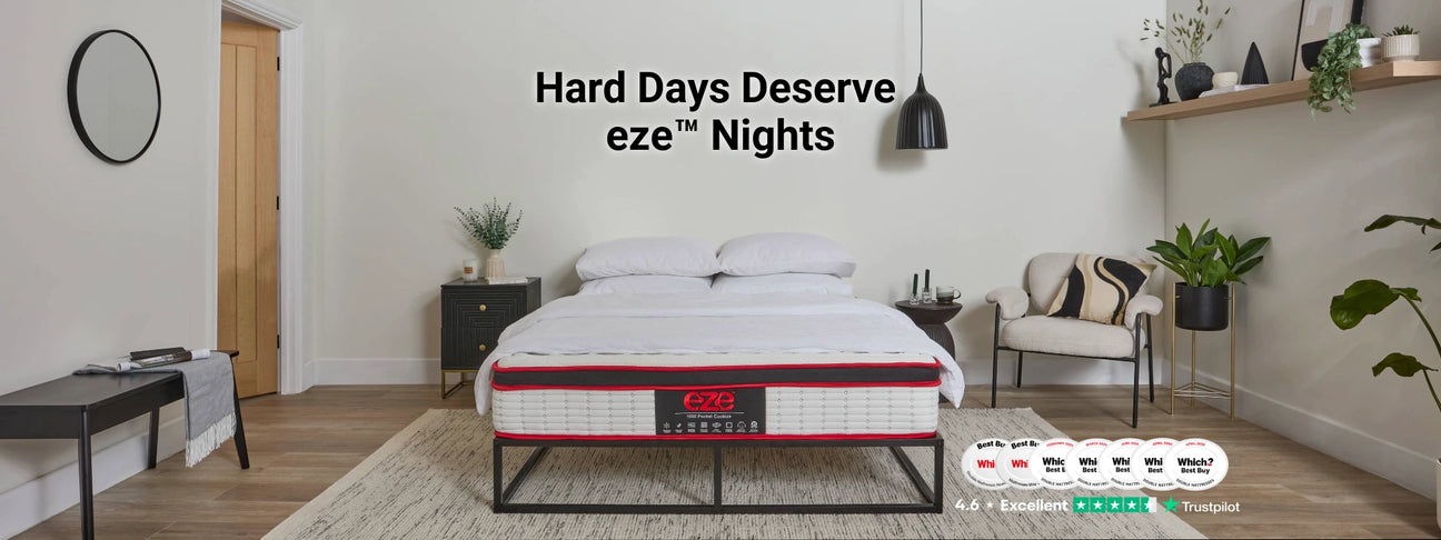 cooleze_hybrid_platinum_mattress_in_styled_bedroom_with_hard_days_deserve_eze_nights_tagline