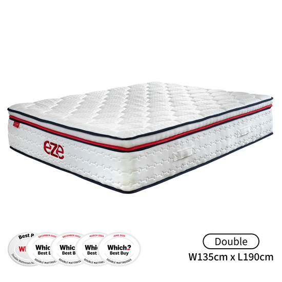 White mattress with red and blue accents on a white background, featuring the Eze brand.