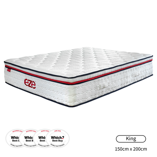 White mattress with red accents and 'Eze' branding on a white background and four which logos