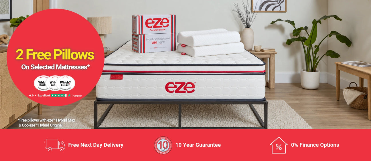 eze hybrid max in styled bedroom with two free pillow offer 