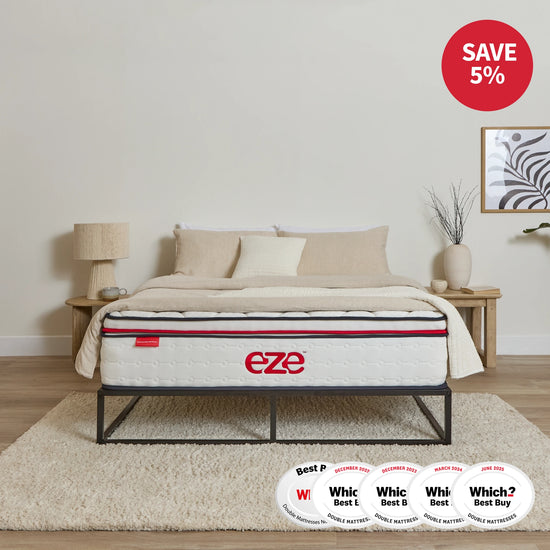 Mattress on a bed frame with 'eze' branding in a bedroom setting, featuring awards below.