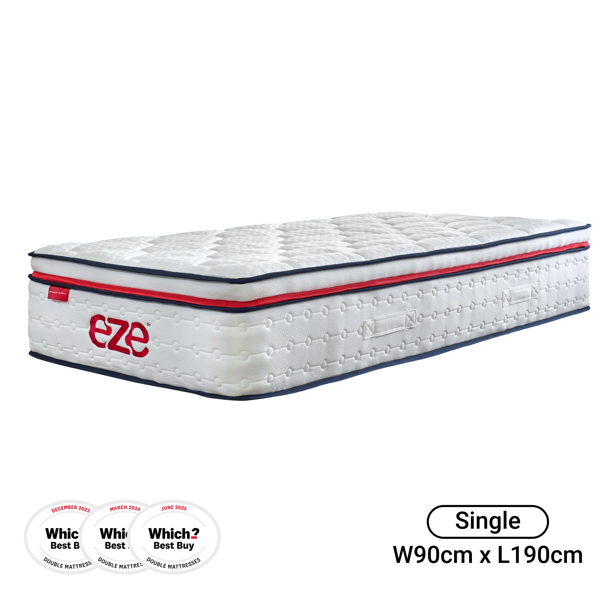 White mattress with red and blue accents on a white background, featuring the brand 'eze'.