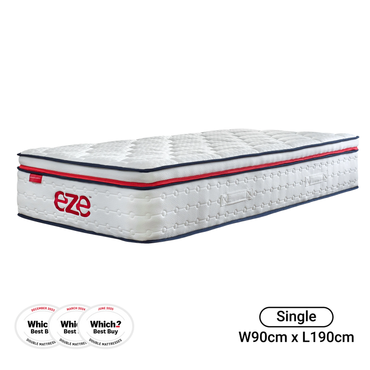 White mattress with red and blue accents on a white background, featuring the brand 'eze'.