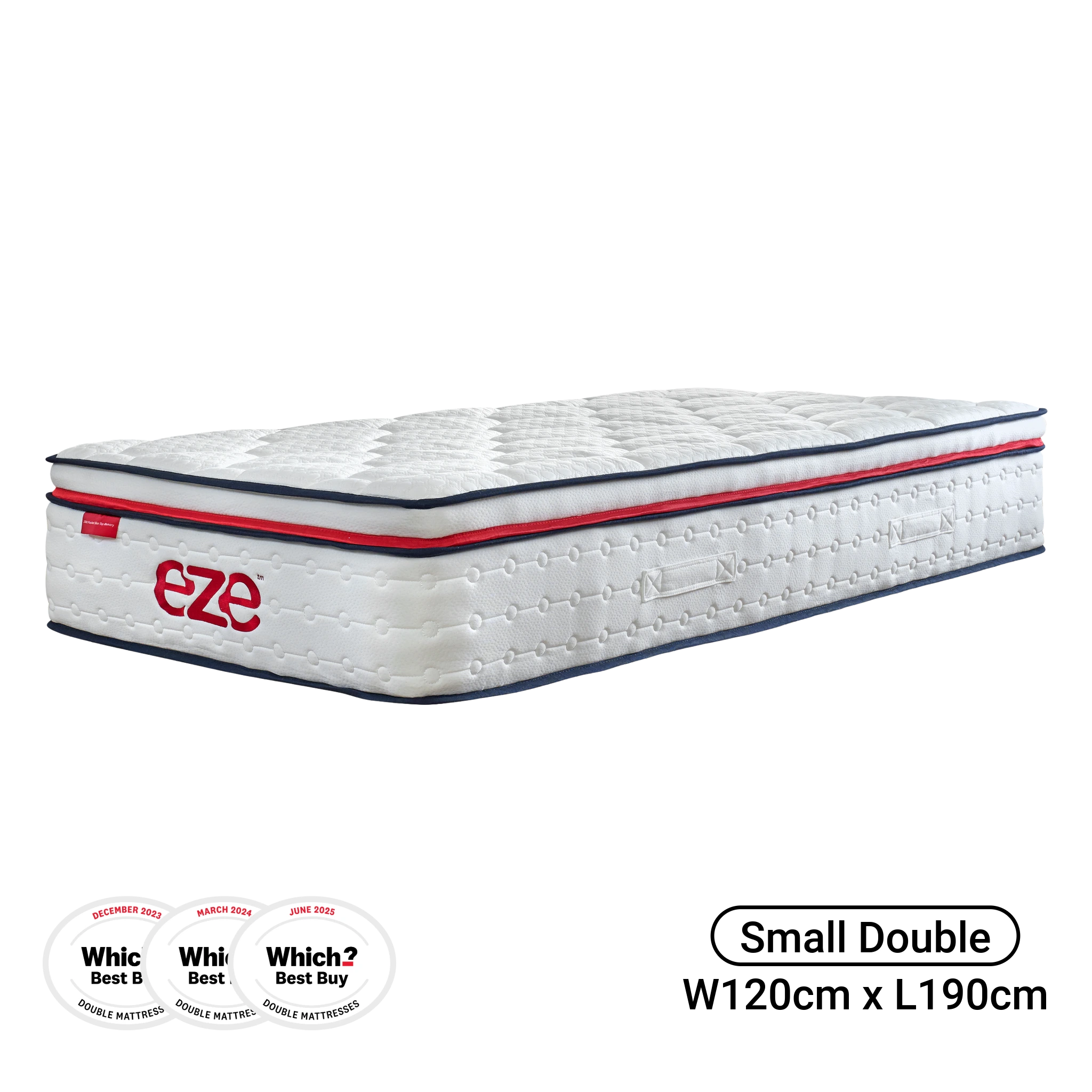White mattress with red and blue accents on a white background, featuring the Eze brand.