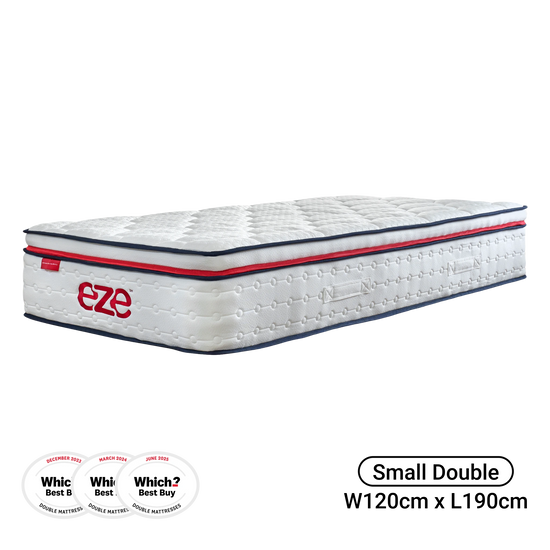 White mattress with red and blue accents on a white background, featuring the Eze brand.