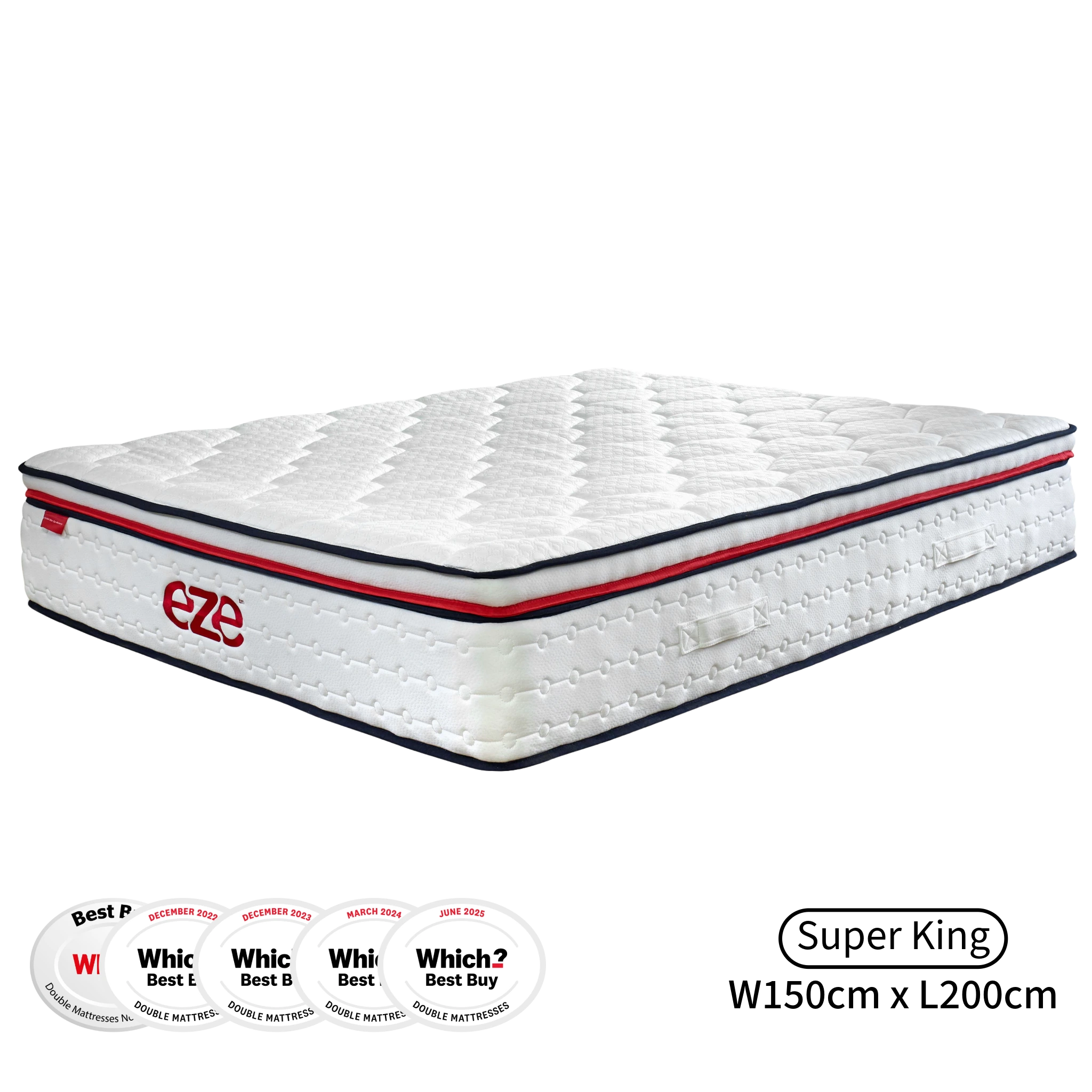 White mattress with red and blue accents on a white background, featuring the Eze brand.