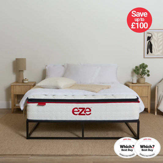 Eze mattress on a bed in a bedroom with 'Save up to £100' and 'Which? Best Buy' badges.