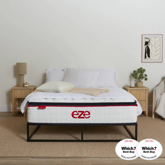 eze hybrid ultra mattress in a styled neutral bedroom  